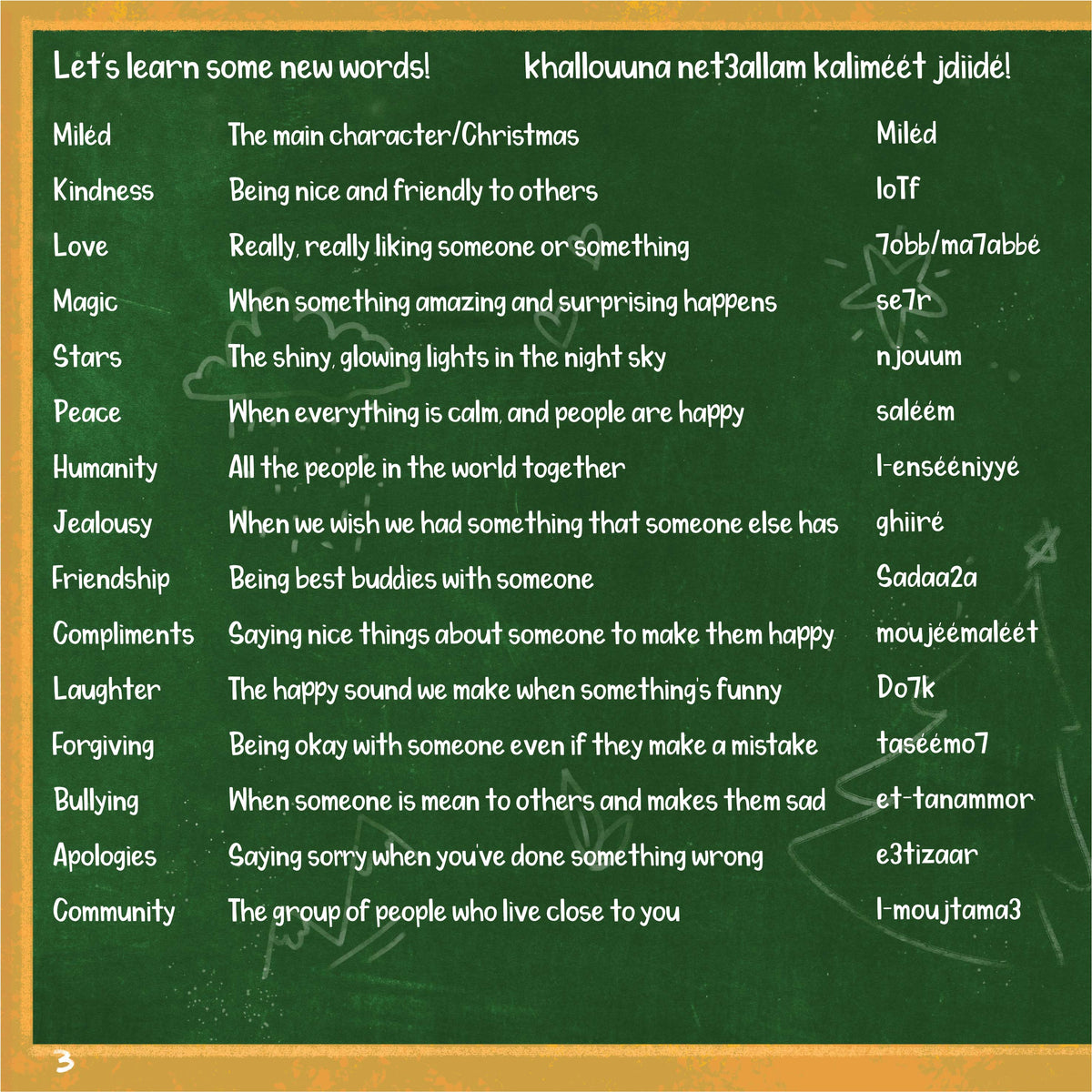 Vocabulary list from Miléd and the Three Bright Stars, a Christmas storybook for children, with English words such as kindness, love, magic, stars and peace, and their Lebanese Arabic in Latin letters