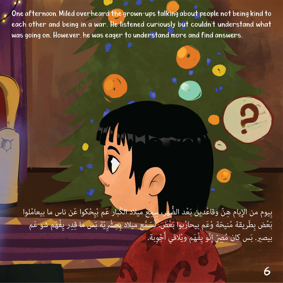 Page 6 of Miléd and the Three Bright Stars, a Christmas storybook for children, showing Miléd by the Christmas tree with a question mark, overhearing grown-ups talk about war
