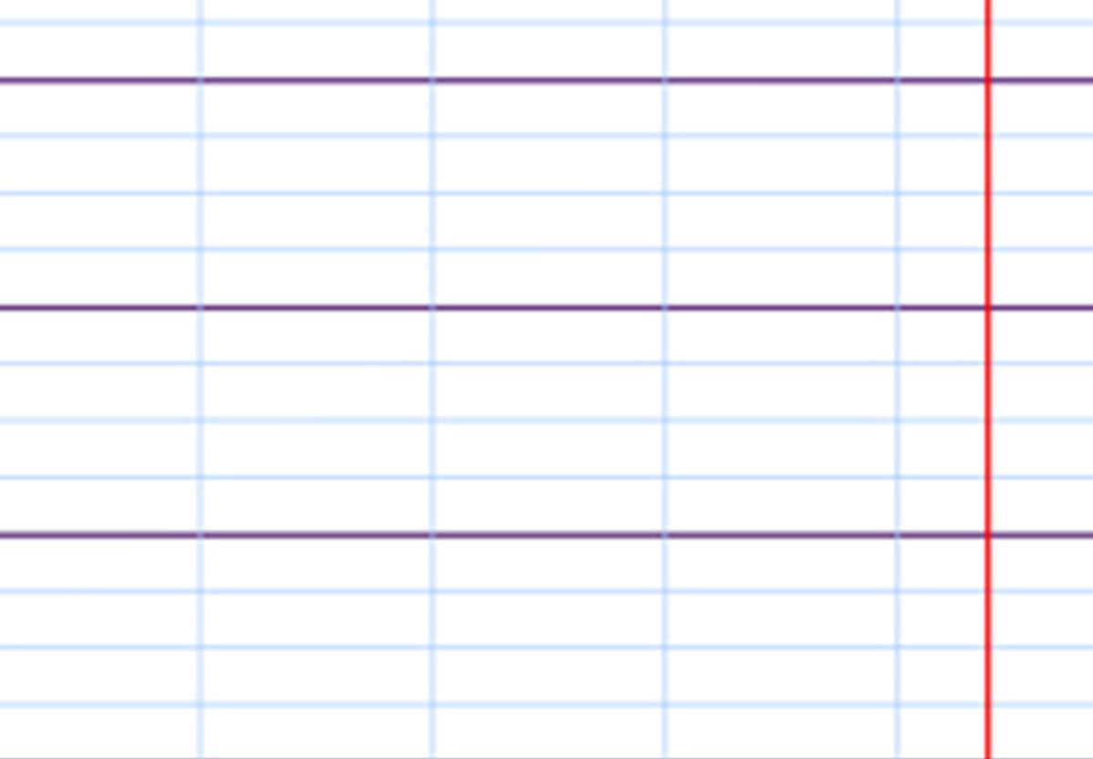 Sample page of reversed French ruled paper with blue grid lines and a red margin, for Arabic handwriting practice